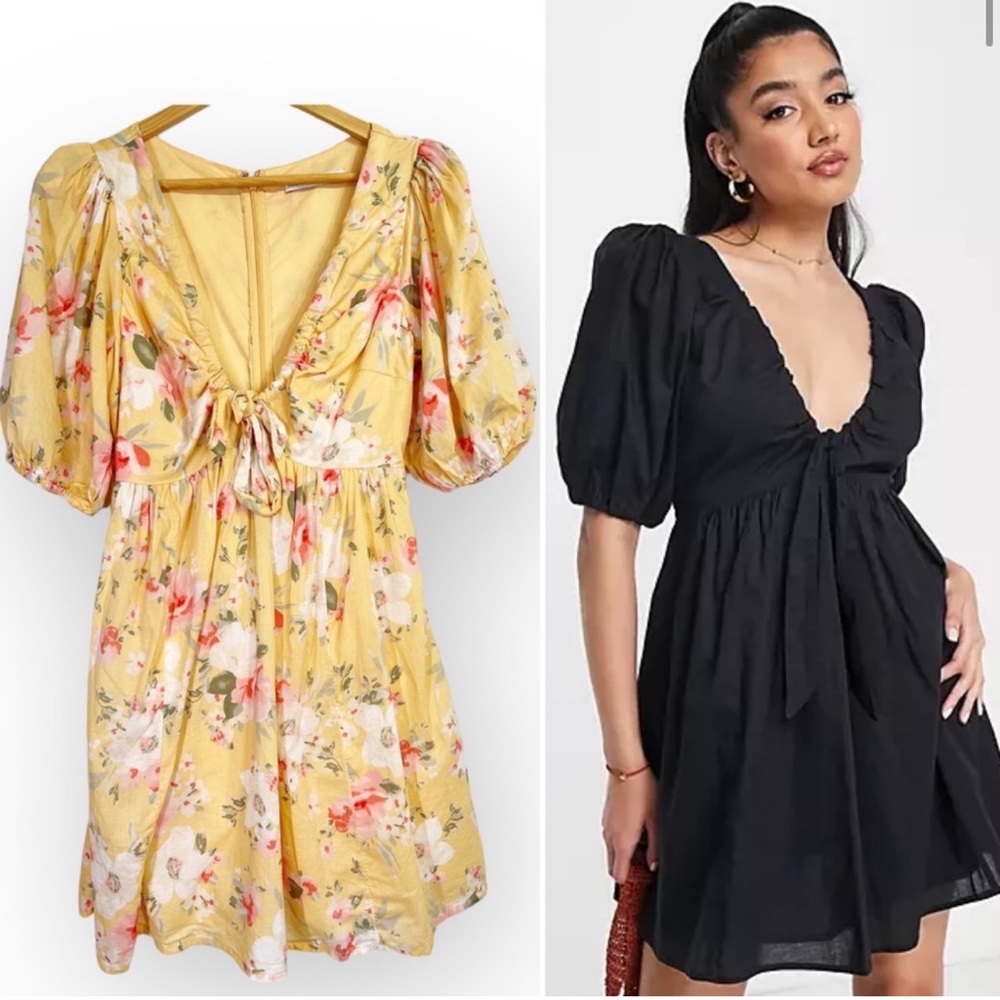 Abercrombie & Fitch V Neck Poplin Puff Sleeve Mini Dress Floral Front Tie